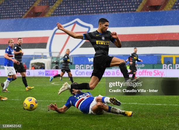 Achraf Hakimi of FC Internazionale in action during the Serie A match between UC Sampdoria and FC Internazionale at Stadio Luigi Ferraris on January...