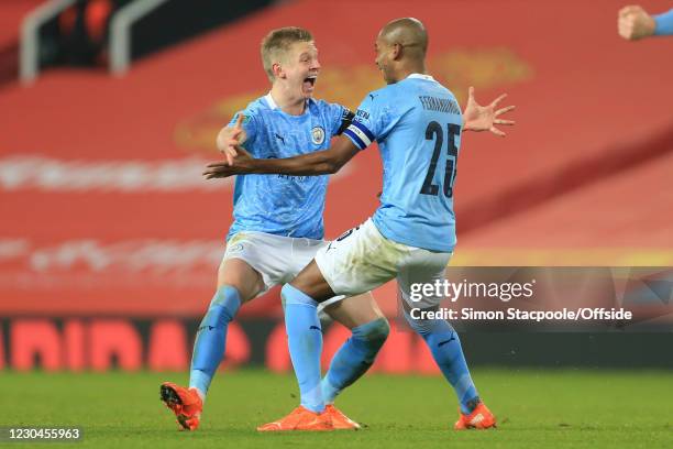 Fernandinho of Manchester City celebrates scoring their 2nd goal with Oleksandr Zinchenko during the Carabao Cup Semi Final match between Manchester...