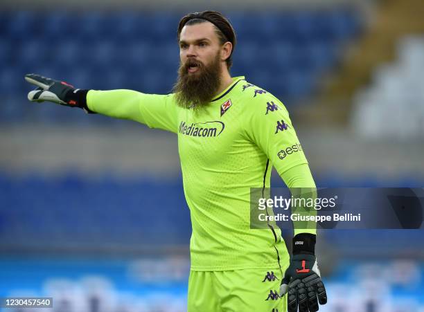 Bartolomiej Dragowski of ACF Fiorentina gestures during the Serie A match between SS Lazio and ACF Fiorentina at Stadio Olimpico on January 6, 2021...