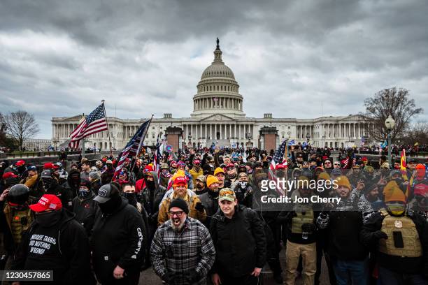 Pro-Trump protesters, including Proud Boys leader Joe Biggs, gather in front of the U.S. Capitol Building on January 6, 2021 in Washington, DC. A...