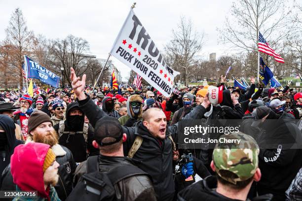 Pro-Trump protesters gather and shout in front of the Capitol Building on January 6, 2021 in Washington, DC. A pro-Trump mob stormed the Capitol,...