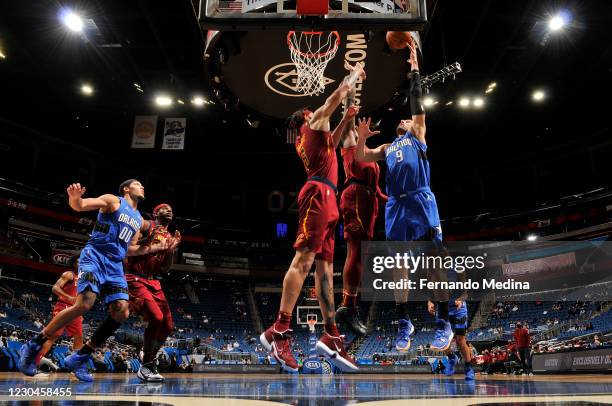 Nikola Vucevic of the Orlando Magic shoots the ball during the game against the Cleveland Cavaliers on January 6, 2021 at Amway Center in Orlando,...