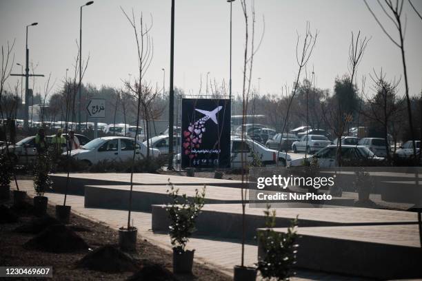 Banner is pictured during a ceremony to mark the death anniversary of the former Islamic Revolutionary Guard Corps Quds Force, Qasem Soleimani and...