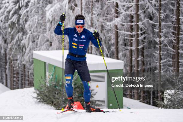 Tommaso Giacomel of Italy in action competes during the Men & Women Trainingsession at the BMW IBU World Cup Biathlon Oberhof on January 07, 2021 in...