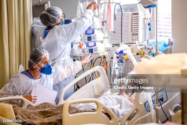 Clinicians care for a COVID-19 patient in the Intensive Care Unit of the Santa Casa de Misericordia Hospital on January 6, 2021 in Porto Alegre,...