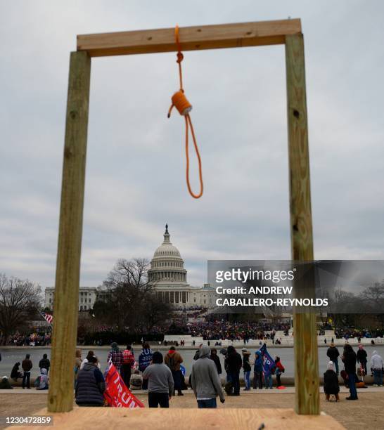 Noose is seen on makeshift gallows as supporters of US President Donald Trump gather on the West side of the US Capitol in Washington DC on January...