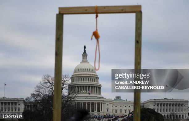 Noose is seen on makeshift gallows as supporters of US President Donald Trump gather on the West side of the US Capitol in Washington DC on January...