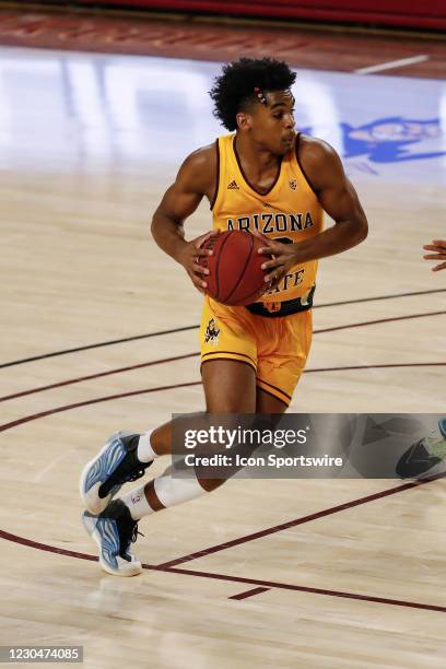 Arizona State Sun Devils guard Josh Christopher drives to the basket during the college basketball game between the UCLA Bruins and the Arizona State...