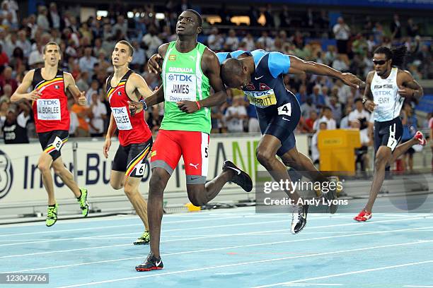 Kirani James of Grenada crosses the finish line ahead of Jonathan Borlee of Belgium, Kevin Borlee of Belgium, LaShawn Merritt of United States and...