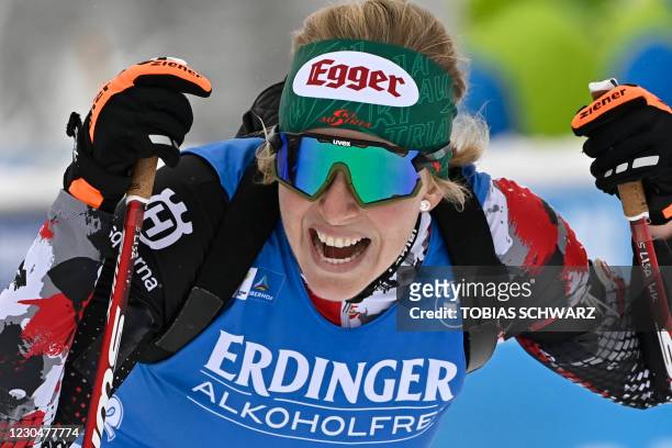 Austria's Lisa Theresa Hauser reacts after placing third during the women's 7,5 km sprint competition during the IBU Biathlon World Cup in Oberhof on...