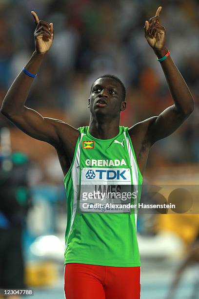 Kirani James of Grenada celebrates claiming gold in the men's 400 metres final during day four of the 13th IAAF World Athletics Championships at the...