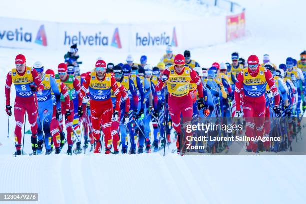 Alexander Bolshunov of Russia takes 1st place, Artem Maltsev of Russia competes, Gleb Retivykh of Russia competes, Ivan Yakimushkin competes during...