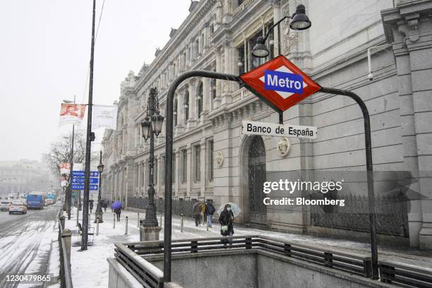 Heavy snowfall outside the Banco de Espana metro station in Madrid, Spain, on Friday, Jan. 7, 2020. Spanish natural gas prices surged to a record as...