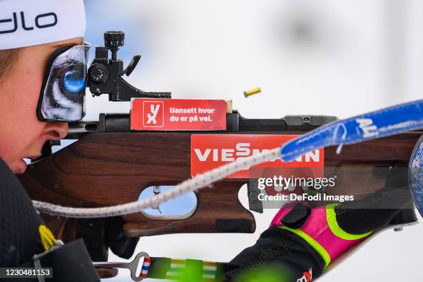 Ingrid Landmark Tandrevold of Norway at the shooting range during the Women 7.5 km Sprint Competition at the BMW IBU World Cup Biathlon Oberhof on...