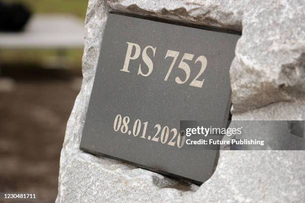 The memorial sign commemorates the victims of the UIA plane crash near Tehran at the inaugurated square in memory of the perished in Verbovyi Hai...