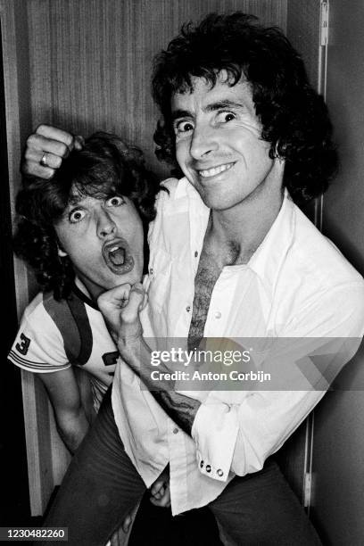 Los Angeles, CALIFORNIA Musician Angus Young and Bon Scott from AC/DC music band, poses for a portrait, in 1978.