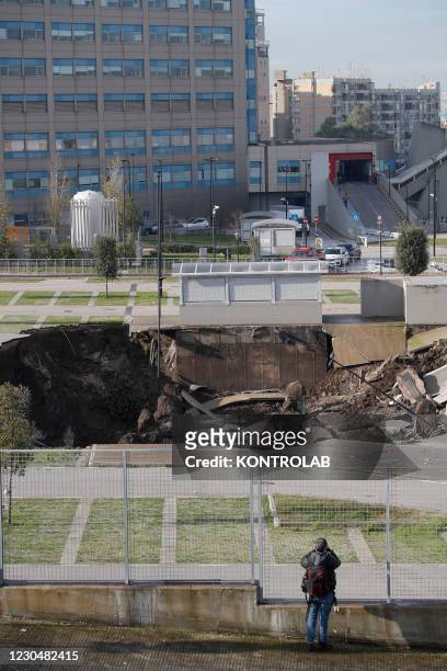 The enourmous hole, 2500 meter square for 15 meter deep, caused by explosion of hospital oxigen underground pipeline at CoVid19 center Hospital of...