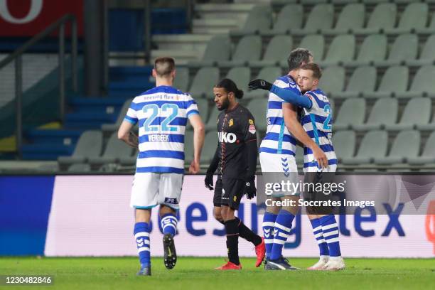 Joey Konings of De Graafschap celebrates 2-0 with Ralf Seuntjens of De Graafschap during the Dutch Keuken Kampioen Divisie match between De...