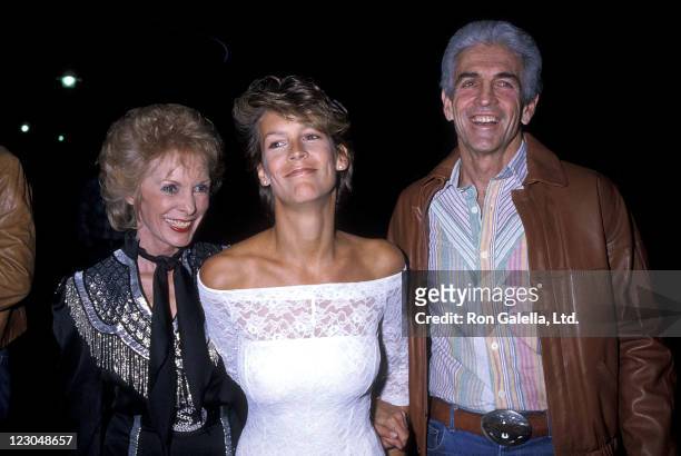 Actress Janet Leigh, husband Robert Brandt and actress Jamie Lee Curtis attend the 31st Annual SHARE Boomtown Party on April 28, 1984 at UCLA's...