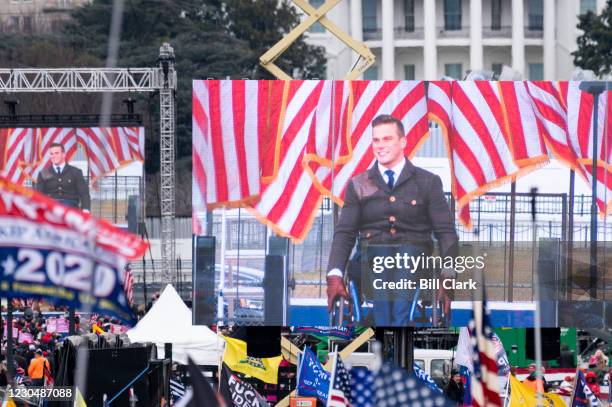 Rep. Madison Cawthorn, R-N.C., speaks to Trump supporters from the Ellipse at the White House in Washington on Wednesday, Jan. 6 as the Congress...