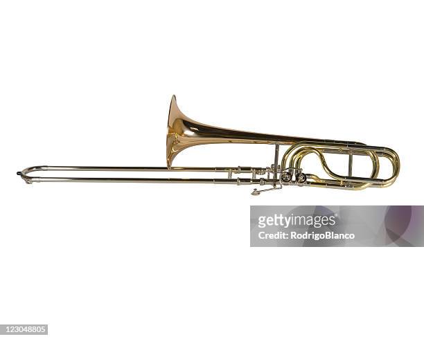 copper trombone isolated on white background - trombon bildbanksfoton och bilder