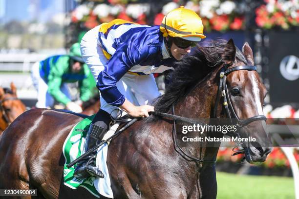 Zesty Belle ridden by Damian Lane wins the TAB Long May We Play Sprint at Flemington Racecourse on January 09, 2021 in Flemington, Australia.