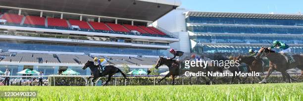 Zesty Belle ridden by Damian Lane wins the TAB Long May We Play Sprint at Flemington Racecourse on January 09, 2021 in Flemington, Australia.