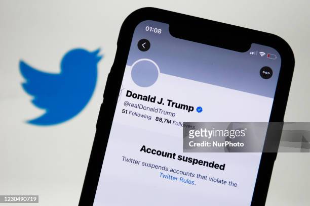 Donald Trump's Twitter account displayed on a phone screen and Twitter logo in the background are seen in this illustration photo taken in Poland on...