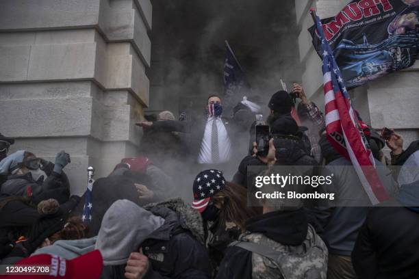 Demonstrators attempt to breach the U.S. Capitol building during a protest in Washington, D.C., U.S., on Wednesday, Jan. 6, 2021. The U.S. Capitol...