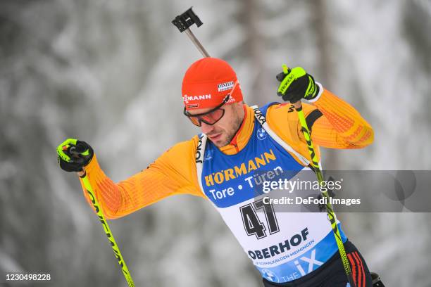 Arnd Peiffer of Germany in action competes during the Men 12.5 km Pursuit Competition at the BMW IBU World Cup Biathlon Oberhof at on January 9, 2021...