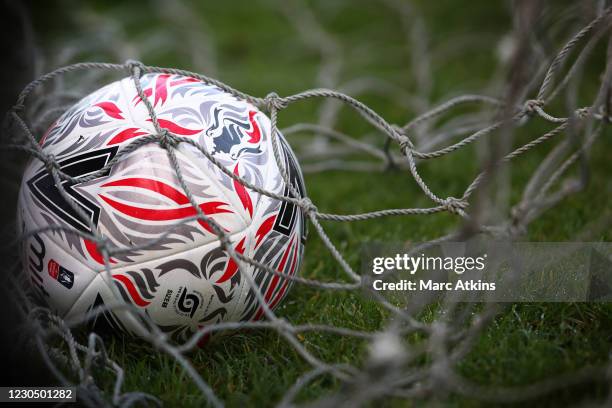 Detail of a Mitre Delta football laying in the goal net during the FA Cup Third Round match between Wycombe Wanderers and Preston North End at Adams...