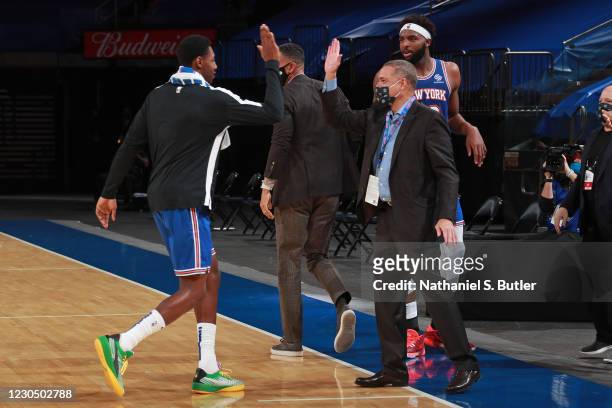 Leon Rose and RJ Barrett of the New York Knicks high five after the game against the Utah Jazz on January 6, 2021 at Madison Square Garden in New...