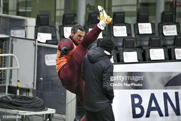 Zlatan Ibrahimovic of AC Milan makes Taekwondo shot in the warm-up during the Serie A match between AC Milan and Torino FC at Stadio Giuseppe Meazza...