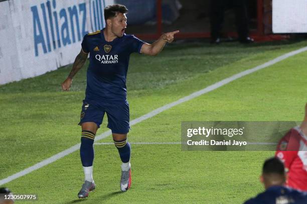 Mauro Zarate of Boca Juniors celebrates after scoring his team's first goal during a match between Argentinos Juniors and Boca Juniors as part of...