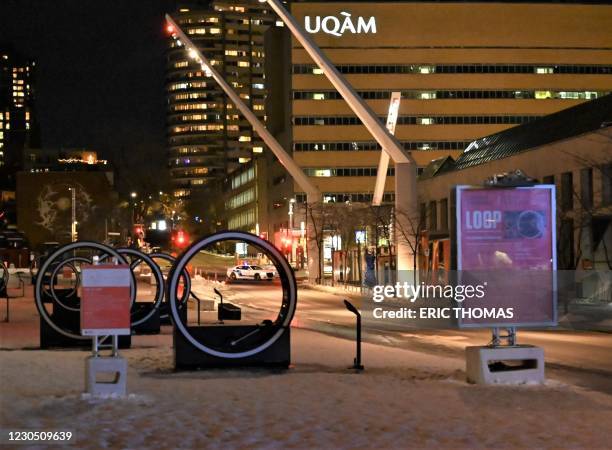 Place des Festivals is pictured deserted moments after the curfew was implemented from 8pm local time till 5am in Montreal, Canada on January 9,...