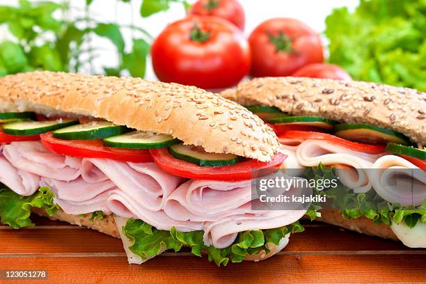 two fresh sandwiches - delicatessen stock pictures, royalty-free photos & images