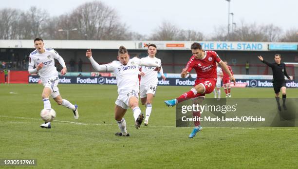 Nick Tsaroulla of Crawley scores their 1st goal during the FA Cup Third Round match between Crawley Town and Leeds United at The Peoples Pension...