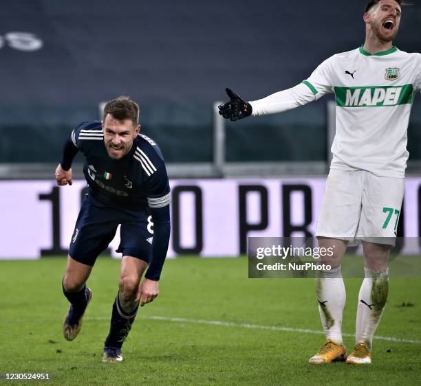 Aaron Ramsey of Juventus celebrates after scoring the his team's second goal during the Serie A match between Juventus and US Sassuolo at Allianz...