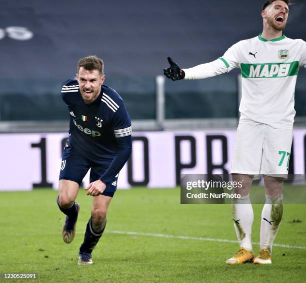 Aaron Ramsey of Juventus celebrates after scoring the his team's second goal during the Serie A match between Juventus and US Sassuolo at Allianz...