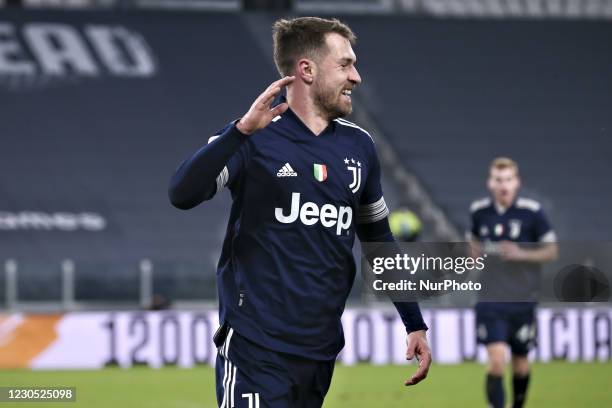 Aaron Ramsey of Juventus celebrates after scoring the his team's second goal during the Serie A match between Juventus and US Sassuolo at Allianz...