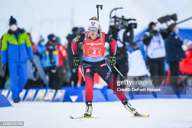 Tiril Eckhoff of Norway in action competes during the Single Mixed Relay at the BMW IBU World Cup Biathlon Oberhof on January 10, 2021 in Oberhof,...