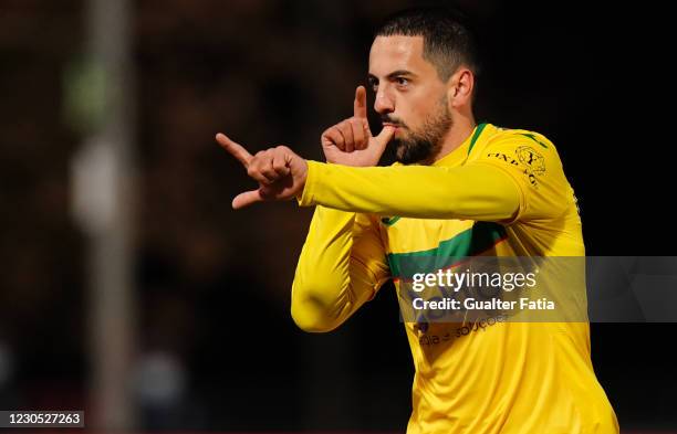 Bruno Costa of FC Pacos de Ferreira celebrates after scoring a goal during the Liga NOS match between Belenenses SAD and FC Pacos de Ferreira at...