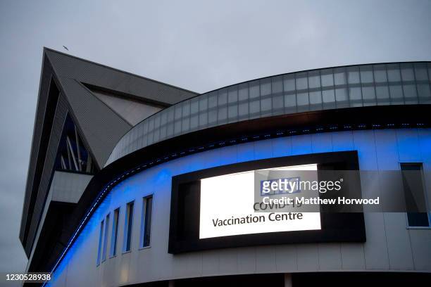 General view of the mass vaccination centre at Ashton Gate Stadium on January 11, 2021 in Bristol, England. The location is one of several mass...
