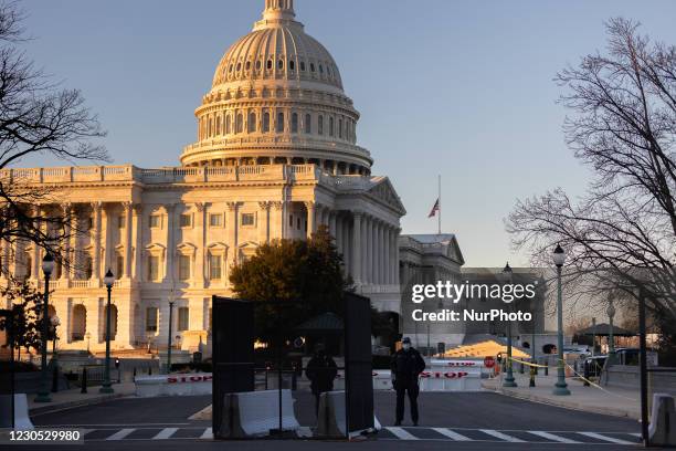 Police agents and barricades are seen in the US Capitol building on Capitol Hill in Washington, D.C. On January 10, 2021.