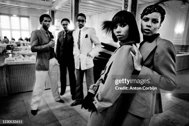 Musicians Bernard Edwards, Tony Thompson, Nile Rodgers, Luci Martin, Alfa Anderson from Chic poses for a portrait in The Hague, in 1979.