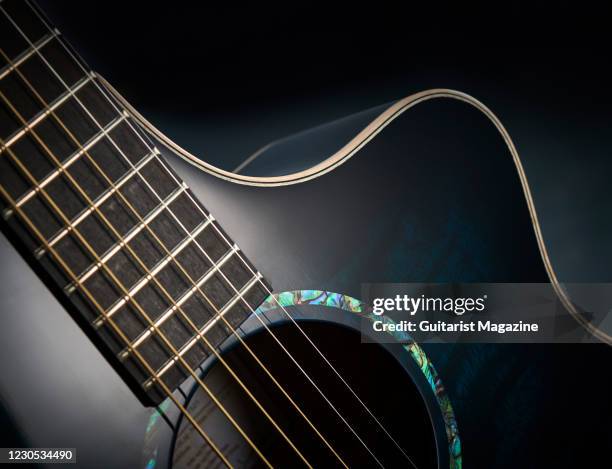 Detail of a Faith Neptune Blue Moon electro-acoustic guitar with a Blue Burst finish, taken on January 2, 2020.