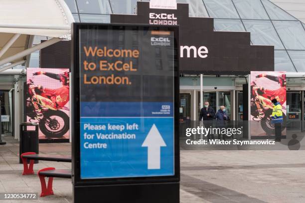 Visitors leave after receiving the Covid-19 vaccine at NHS Nightingale hospital at the ExCeL exhibition centre, which re-opens today as a mass...