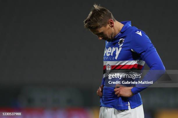 Gaston Ramirez of UC Sampdoria reacts during the Serie A match between Spezia Calcio and UC Sampdoria at Stadio Alberto Picco on January 11, 2021 in...