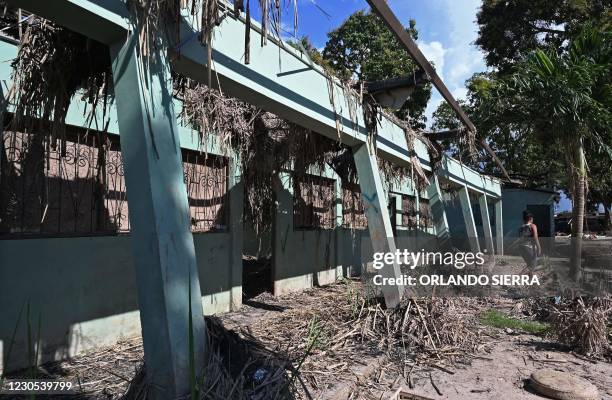 Picture of a building destroyed during hurricanes Eta and Iota in 2020, in the municipality of La Lima, Cortes Department, Honduras, taken on January...