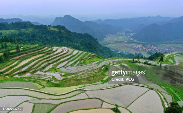 Aerial view of terraced field is seen on May 28, 2020 in Guiding County, Guizhou Province of China.